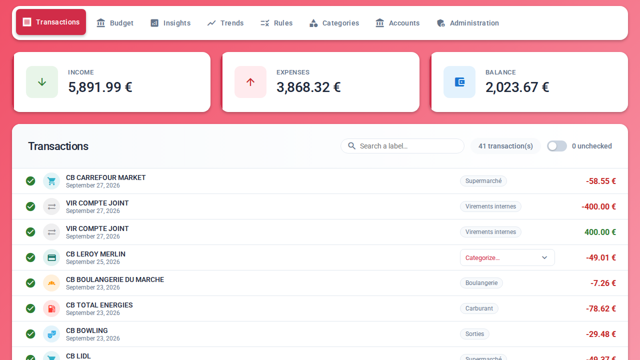 Transactions screen of the Carbure web portal