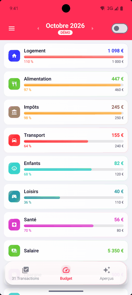 Budgets du mois dans l'app Android