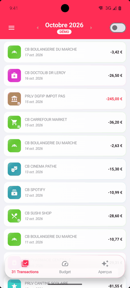 Transactions du mois dans l'app Android