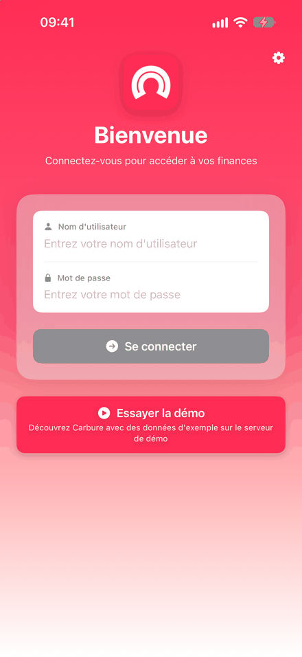 Écran de connexion de l'app iPhone, avec le bouton Essayer la démo