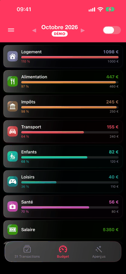 Budgets en thème sombre dans l'app iPhone