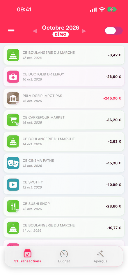 Transactions du mois dans l'app iPhone