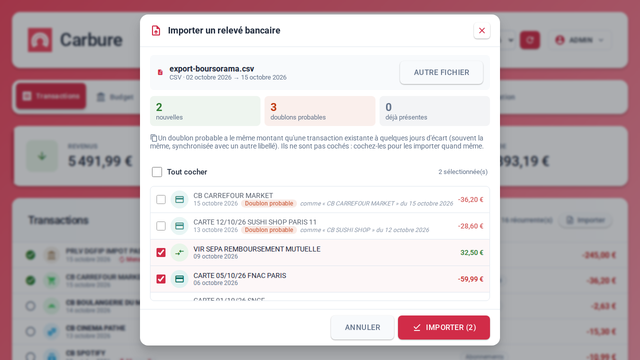 Preview of the import of a Boursorama CSV statement: new transactions ticked, probable duplicates unticked, with the matching existing transaction
