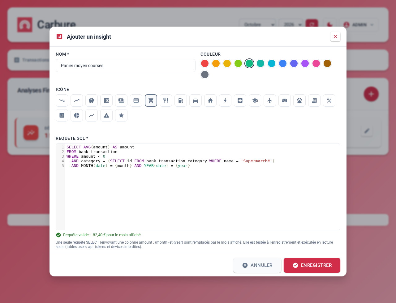Fenêtre d'ajout d'un insight remplie avec la recette « Panier moyen des courses » : nom, couleur, icône et requête SQL, vérifiée pendant la saisie avec son résultat pour le mois affiché