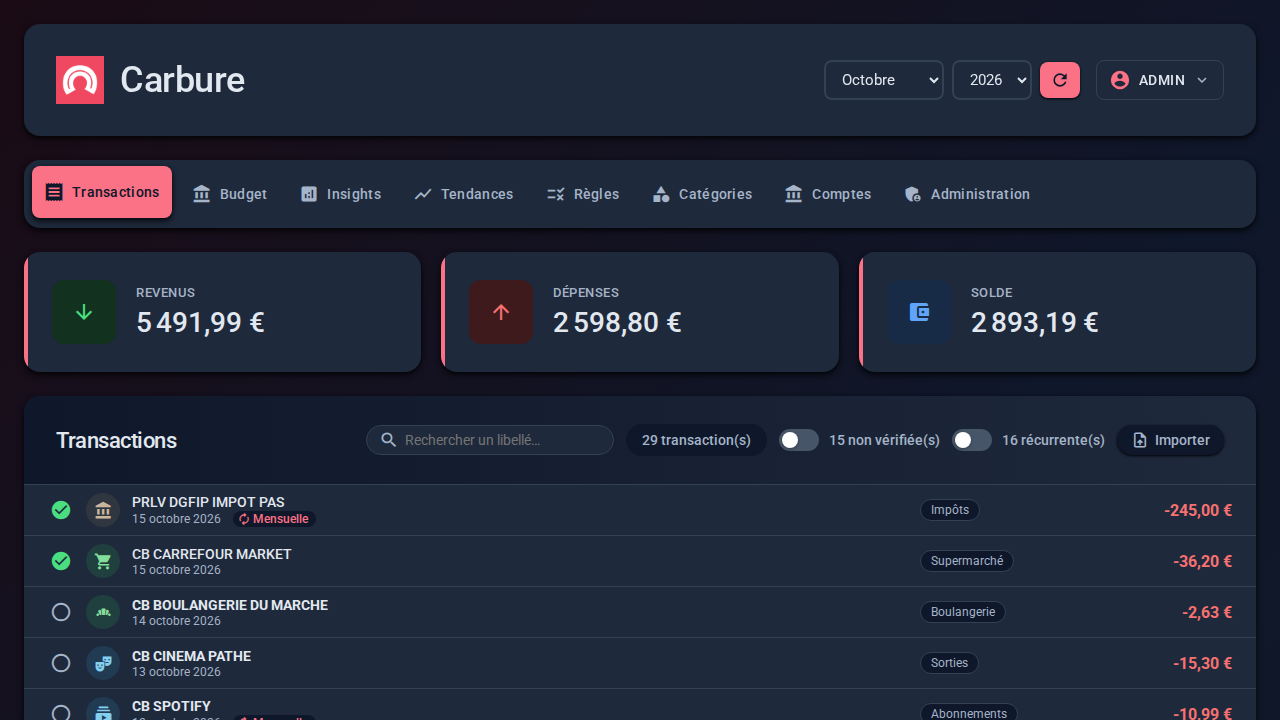Transactions screen in dark theme