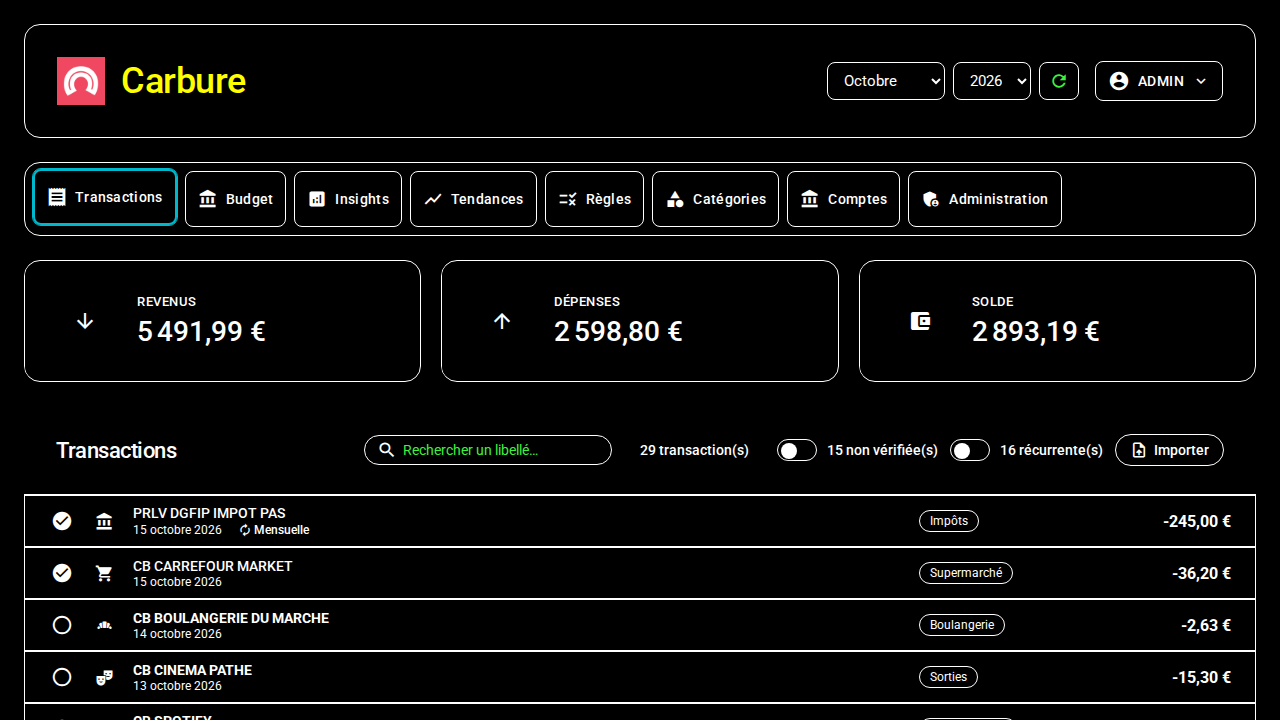 Transactions screen in forced colors (Windows high contrast): system colors, each button, tab and card keeping a border
